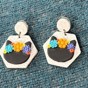 Hexagon Cat Earrings with Floral Accents